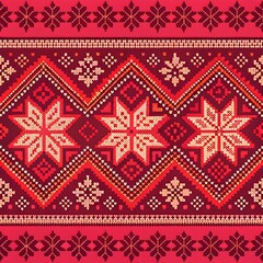 Vibrant festive folk pattern with geometric shapes creates a warm, inviting feel for holiday crafting, winter projects, and unique designs.