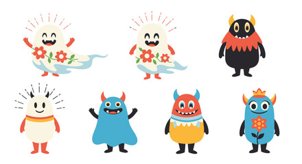 A collection of charming and colorful cartoon monsters and ghosts with expressive faces.