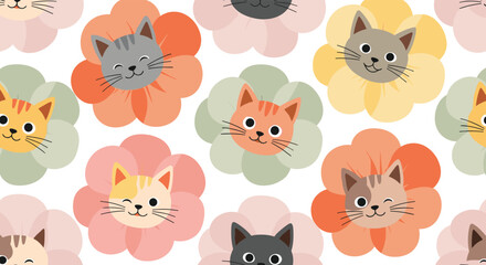 Obraz premium A delightful seamless pattern featuring charming cats with adorable floral elements in a variety of soft pastel colors.
