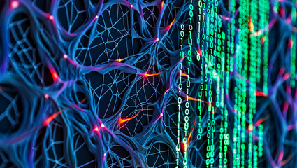 Abstract neural network with glowing connections and binary code image