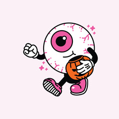 Cartoon Eyeball Character with Halloween Pumpkin Basket.