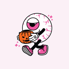 Cartoon Eyeball Character with Halloween Pumpkin Basket.