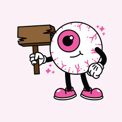 Cute Eyeball Cartoon Character Holding a Wooden Signboard.