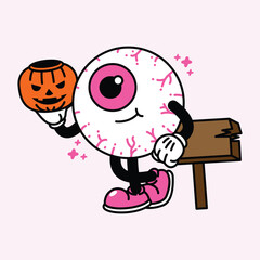 Cute Eyeball Character Holding a Halloween Pumpkin.