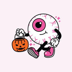 Naklejka premium Cute Eyeball Character with Pumpkin Basket for Halloween.