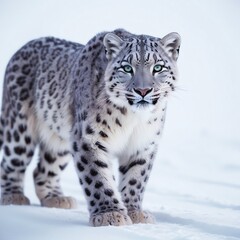 Naklejka premium Silent Snow Leopard 4K – Majestic Feline with Thick Fur and Piercing Eyes Against White Snowy Background, Minimalist and Powerful Wildlife Wallpaper