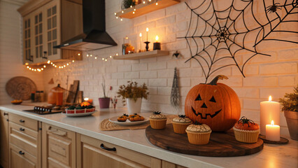 Halloween kitchen decor: pumpkin, cupcakes, candles, and spider web for spooky season decorations ideas