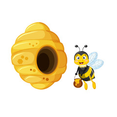 Illustration of a beehive. An image of a beehive with a bee. A bee flies into the hive with a bucket of honey.