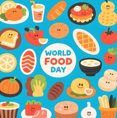 4k high quality Ai generative HD photo realistic happy vector art illustration colorful wallpaper ornament text decoration simple world food day poster square bread fruit soup porridge tomato fish nut