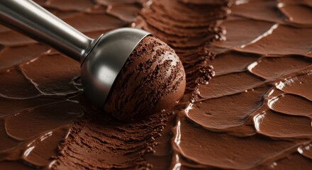 photograph of a metallic scoop extracting a perfect spherical portion of rich, dark chocolate ice cream, showcasing a creamy, smooth texture with swirls and ridges