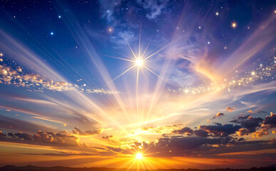 雲の上に広がる朝日と光が美しい幻想的な空の風景