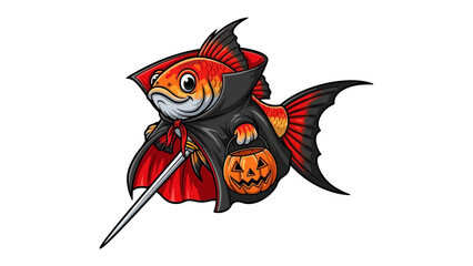 Mysterious Creature in Halloween: A captivating illustration showcasing a unique goldfish dressed in a vampire-themed costume, complete with a cape, holding a candy bag.