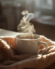 steaming cup, hot beverage, coffee mug, tea mug, ceramic cup, white mug, cozy drink, warm drink, hot coffee, hot tea, knitted fabric, textured fabric, cozy blanket, knitted blanket, cozy sweater, soft