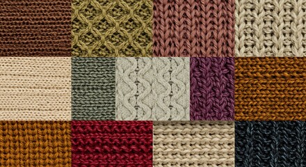 Knitted Fabric Swatches Collection. Diverse knit patterns, textures, and colors for textile design and craft projects.