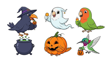 Halloween Delight: Whimsical creatures and Halloween symbols fill a colorful illustration, a playful and inviting image. 