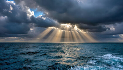 Dramatic shot of sunlight breaking through dark clouds over the ocean.