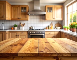 Warm kitchen interior with wooden table and natural sunlight for product placement