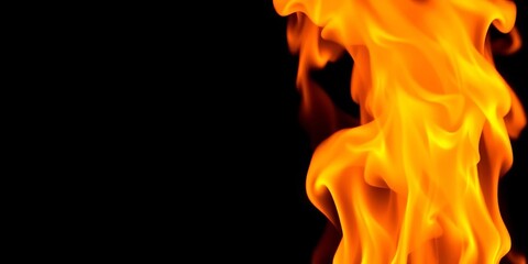 Fototapeta premium Intense orange and yellow flames dancing against a black background, black, power