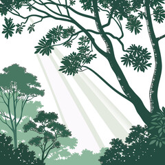 Vector art of sunlight filters through the lush green canopy of a dense forest, illuminating the tranquil scene with soft, diffused light, creating a serene and inviting atmosphere