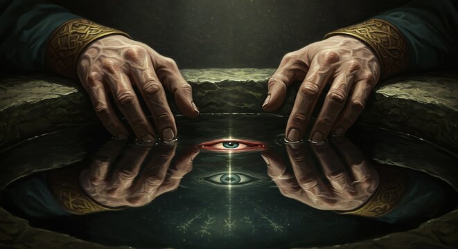 Odin's Profound Sacrifice: Wisdom Gained from Mimir's Well in an Oil Painting Style