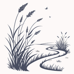 Vector art of a serene vector illustration of a winding path through tall grass, with birds soaring above, evokes a sense of tranquility and natural beauty