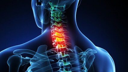 Human cervical spine with inflammation anatomy blue