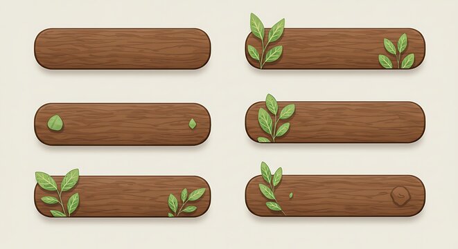 Nature-themed wooden UI elements set with green leaves. Rustic game interface bars and buttons for eco-friendly design.