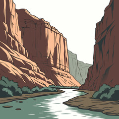 Vector art of a majestic canyon carved by a winding river, with towering rock formations illuminated by sunlight, creating a breathtaking landscape of natural beauty and geological wonder