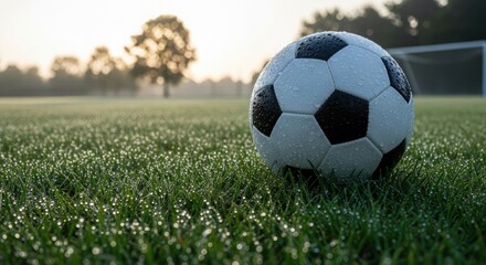 Fototapeta premium A close-up view of a soccer ball resting on a dewy green grass field, with a goal in the background.