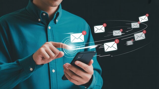 Businessman effortlessly managing digital communication with smartphone, receiving instant email notifications for global connectivity.