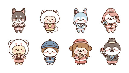 Cartoon Character Set: A delightful collection of eight uniquely designed cartoon characters, each dressed in charming attire, exuding a playful and cheerful vibe.