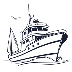 Vector art of black and white illustration of a modern yacht sailing on the water, , showcasing luxury and leisure, perfect for nautical or travel themed designs