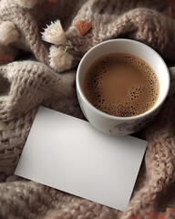 cozy still life, cup of coffee, cup of tea, hot beverage, steaming mug, ceramic mug, white cup, cozy blanket, warm blanket, textured blanket, knitted blanket, cozy sweater, soft fabric, warm texture, 