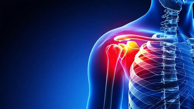 Human shoulder anatomy with glowing pain points joint bone