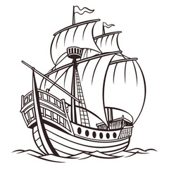Vector art of detailed black and white illustration of a majestic galleon, showcasing its multiple masts, billowing sails, and intricate rigging, reminiscent of historical seafaring adventures © md ruhul11