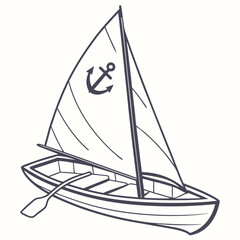 Illustration of a small sailboat, featuring a single mast, a triangular sail adorned with an anchor, and a small rowboat with an oar, evoking a sense of nautical adventure