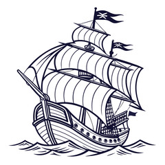 Vector art of detailed line art illustration of a classic sailing ship with billowing sails, navigating through gentle waves, , evoking a sense of adventure and maritime history