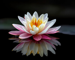 Serene water lily with elegant white and pink petals floating in dark water, beautifully reflected below.