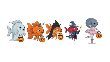 Happy Halloween Fish: An adorable line up of animated aquatic friends, playfully dressed in various Halloween costumes, eagerly holding trick-or-treat buckets, ready for a night of spooky fun. 
