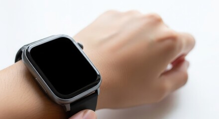 A person's wrist with a modern smartwatch featuring a blank black screen and a dark band.
