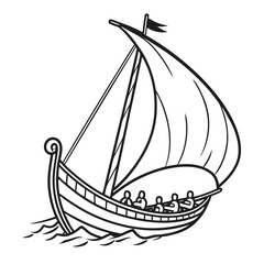 Vector art of a captivating line art illustration showcases a viking ship gracefully sailing on the water, , evoking a sense of adventure and historical exploration