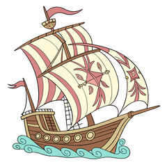 Vector art of whimsical illustration of a vintage sailing ship, showcasing striped sails with decorative emblems, a brown wooden hull, and a turquoise sea, evoking a sense of nautical charm
