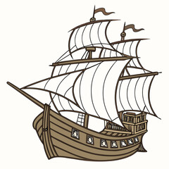Illustration of a classic sailing ship with detailed sails and rigging, perfect for historical or nautical themes, showcasing maritime transport