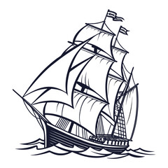 Vector art of elegant sailing ship gracefully cuts through the waves, its sails catching the wind in a timeless display of maritime prowess, a nautical masterpiece