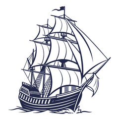 Vector art of majestic tall ship with billowing sails gracefully navigates the open sea, a timeless symbol of adventure and exploration, a captivating nautical scene
