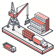 Vector art of isometric illustration of a cargo port with a crane, truck, container, and ship, showcasing global trade and logistics perfect for illustrating supply chain