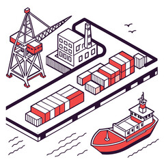Vector art of isometric view of a bustling port with cargo ship, crane, and containers, showcasing global trade and logistics in a modern, minimalist style