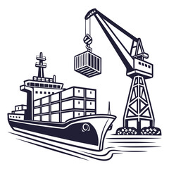 Vector art of monochrome illustration of a cargo ship being loaded by a crane in a busy port, emphasizing maritime transport and global trade ideal for logistics themes
