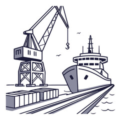 Illustration of a cargo ship docked at a port with a crane loading containers, the scene depicts maritime transport and logistics operations