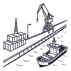 Illustration of a cargo ship docked at a port with a crane loading containers, viewed from above, the scene depicts maritime transport